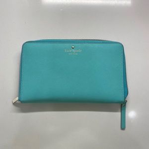 KATE SPADE LARGE ZIP AROUND LEATHER TRAVEL WALLET TIFFANY BLUE EUC
